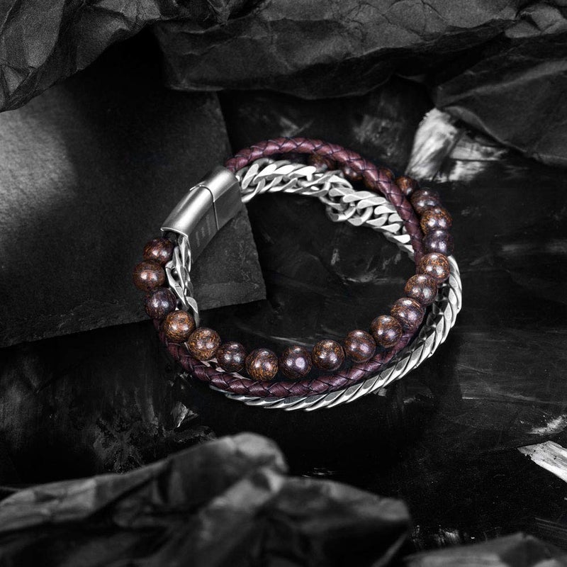 murtoo Mens Bead Leather Bracelet, Blue and Brown Bead and Leather Bracelet for Men (Brown-coffee) - Image 3